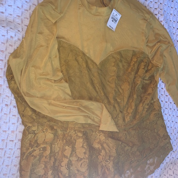Ashley Stewart mustard blouse with lace - Picture 2 of 5